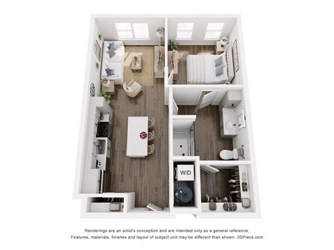 Floor plan for 1 bed, 1 bath, 696 sqft